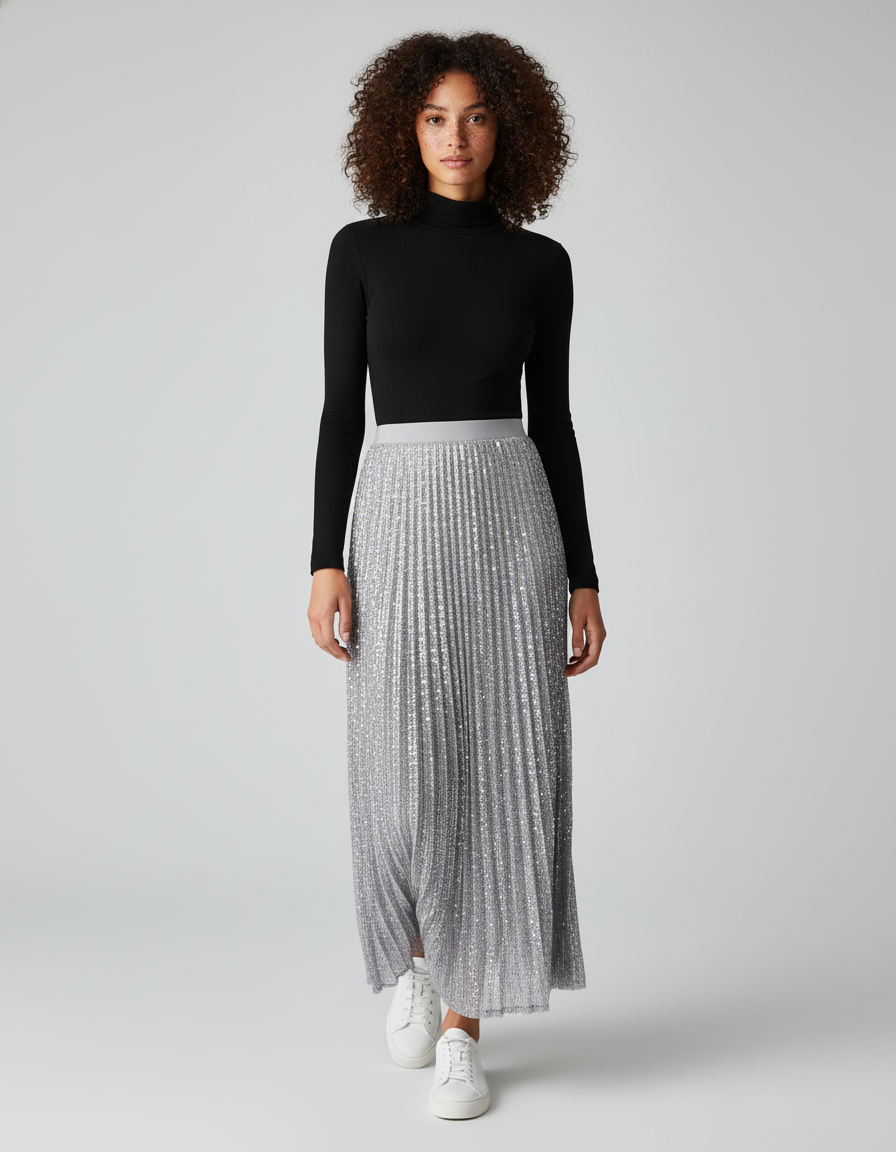 Jupe Paillette Argentée Plissée Élégante