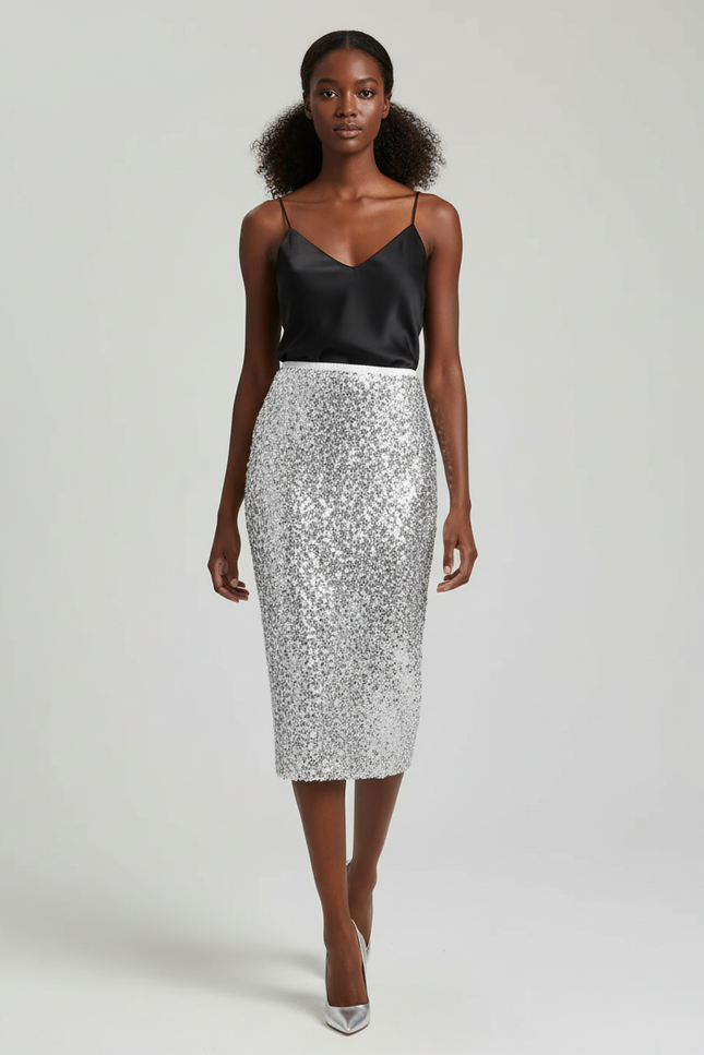 Jupe Paillette Argentée Coupe Droite Chic