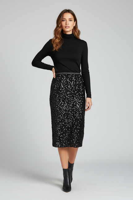 Jupe Paillette Noire Droite Chic