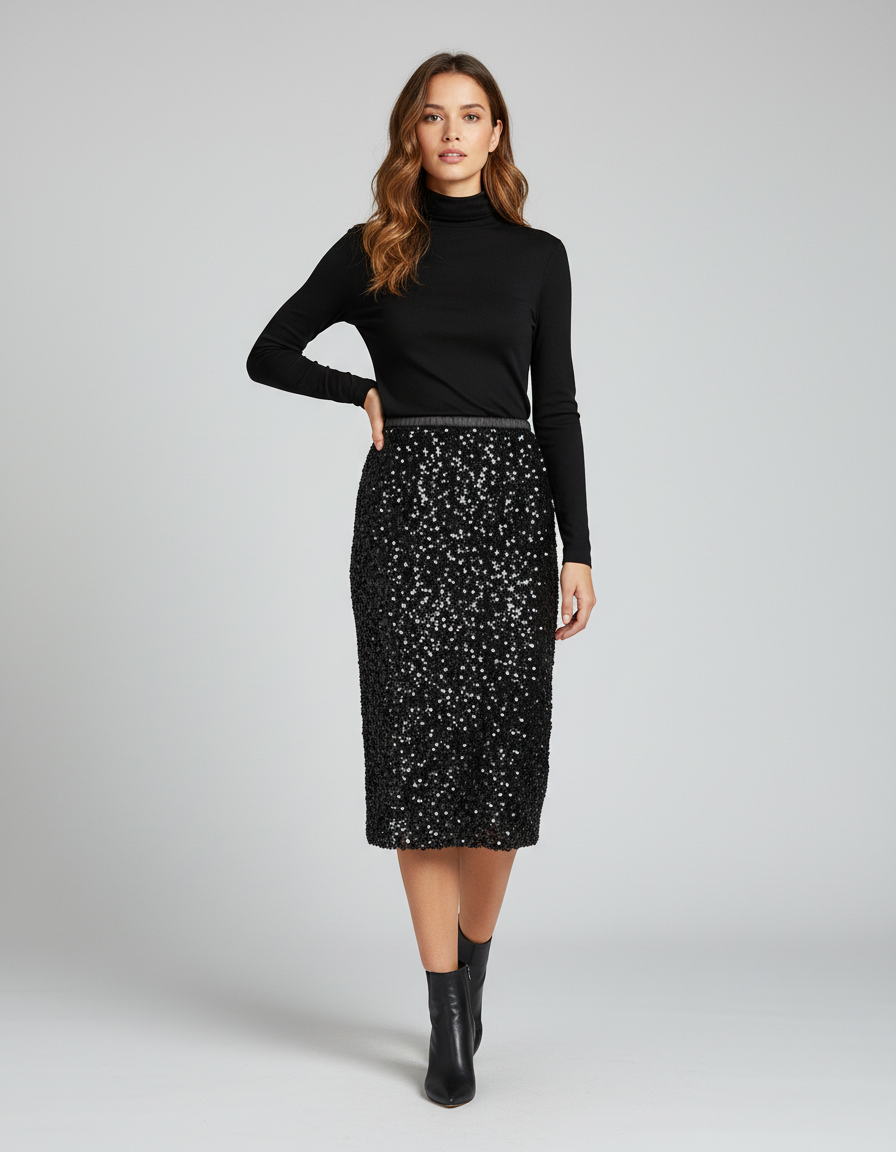 Jupe Paillette Noire Droite Chic