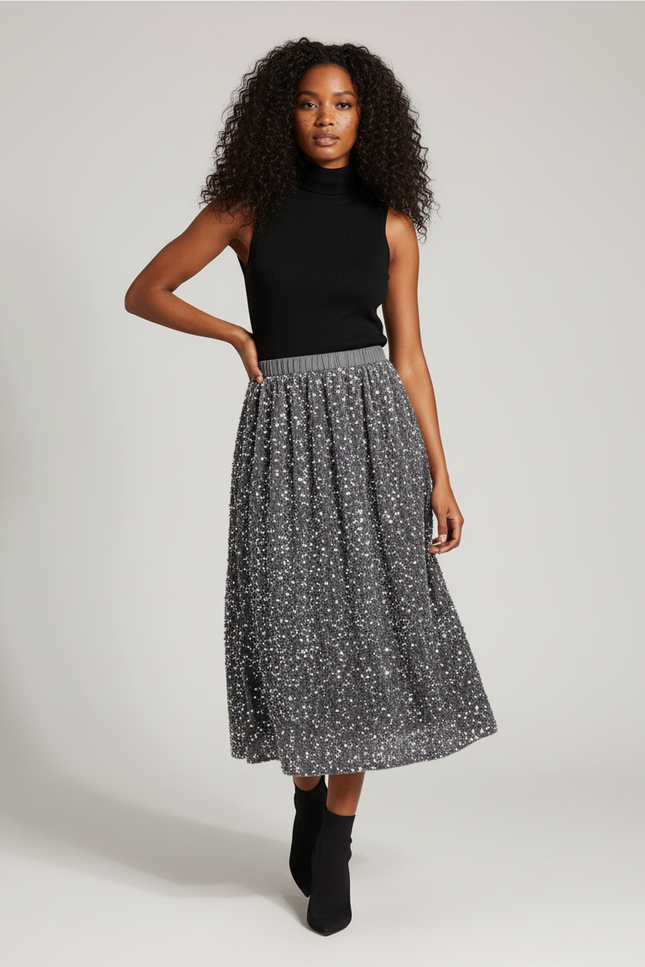 Jupe Paillette Grise Midi Élégante