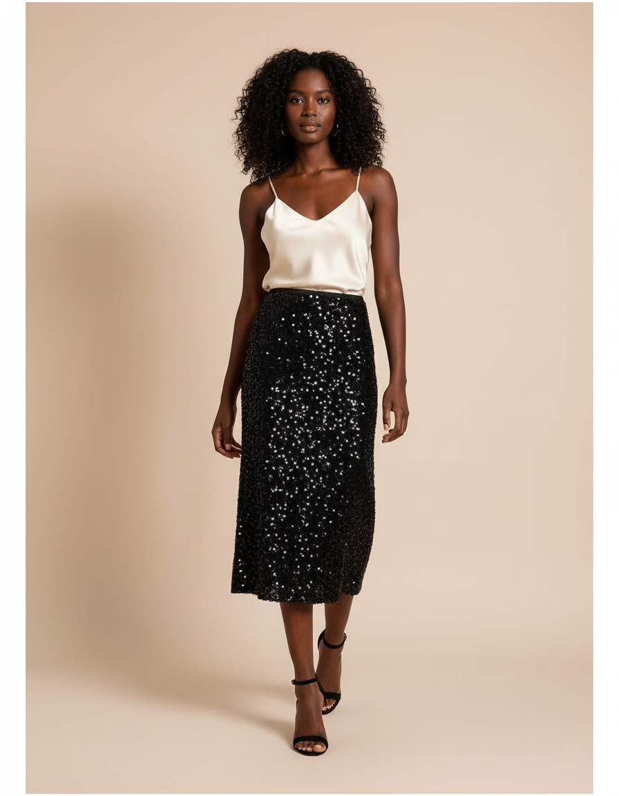 Jupe Paillette Noire Longue Élégante