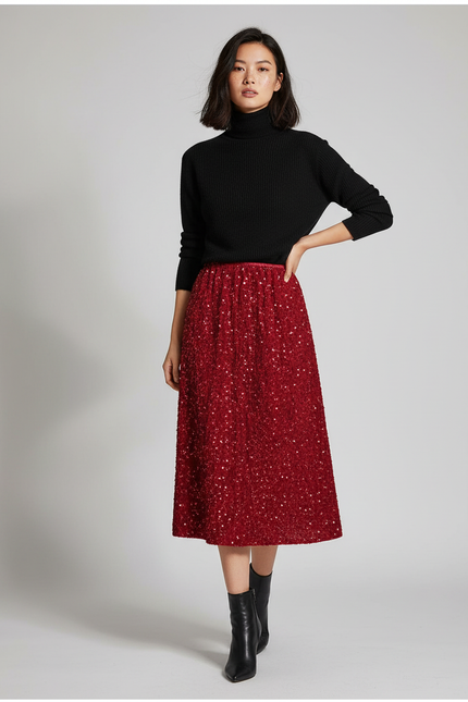 Jupe Paillette Rouge A-Line Élégante