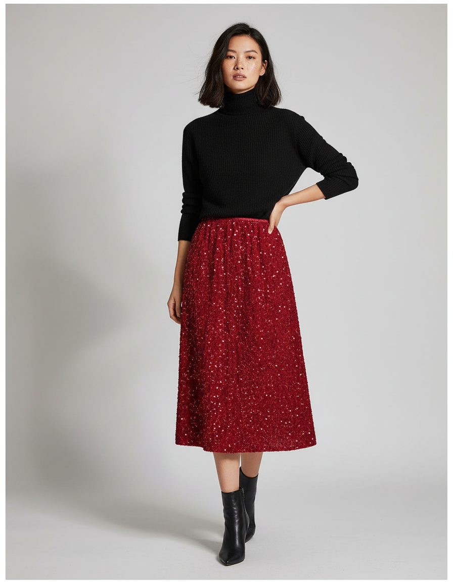 Jupe Paillette Rouge A-Line Élégante