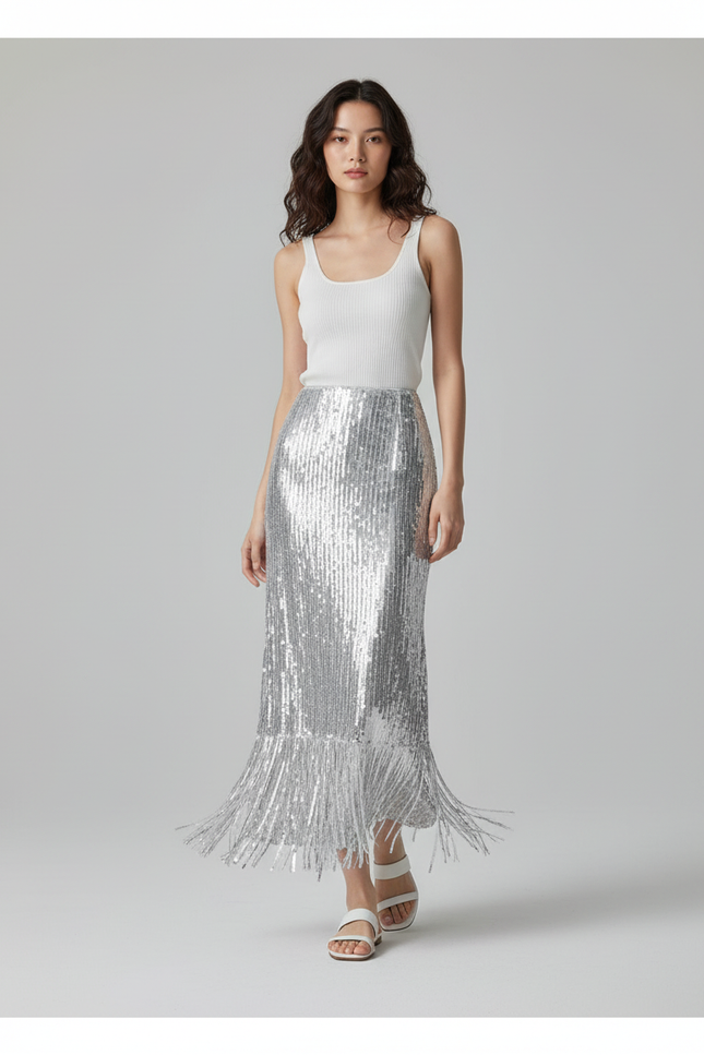 Jupe Paillette Argentée Franges Chic