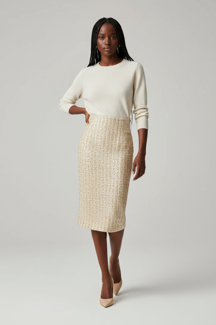 Jupe Paillette Dorée Tweed Élégante