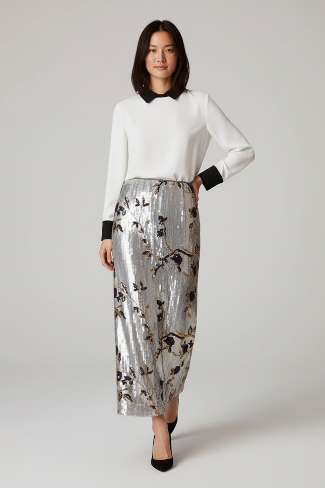 Jupe Paillette Argentée Motifs Floraux Élégante