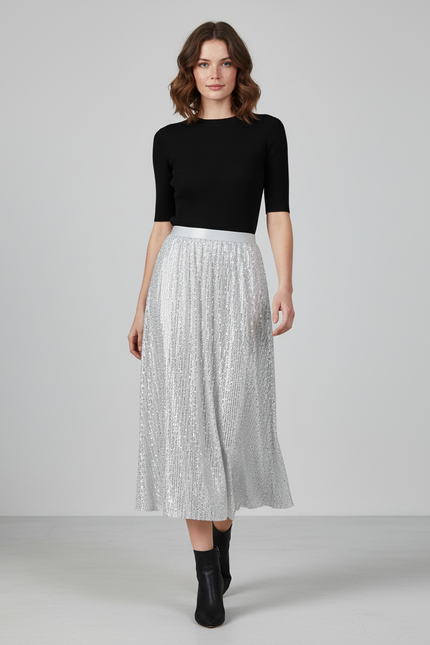 Jupe Paillette Argentée Plissée Élégante