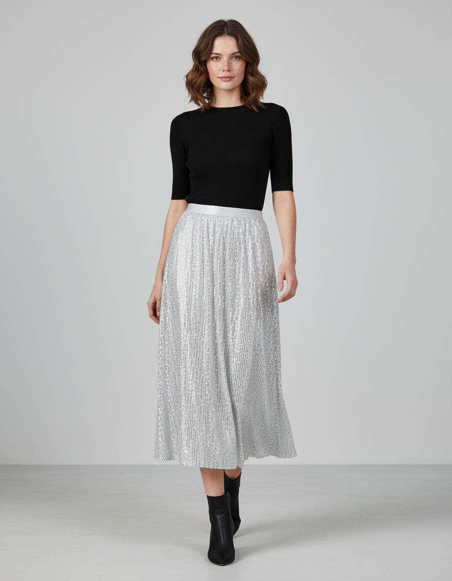 Jupe Paillette Argentée Plissée Élégante