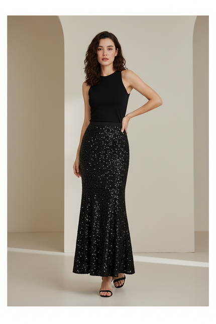 Jupe Paillette Noire Coupe Sirène Élégante