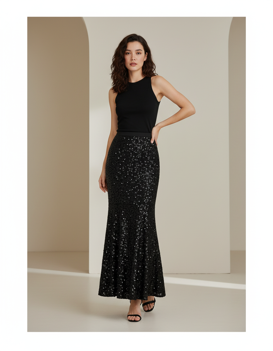 Jupe Paillette Noire Coupe Sirène Élégante