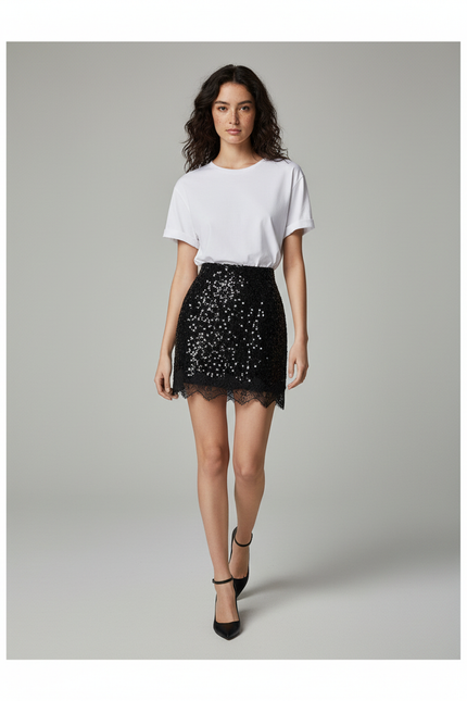 Jupe Paillette Noire Dentelle Chic
