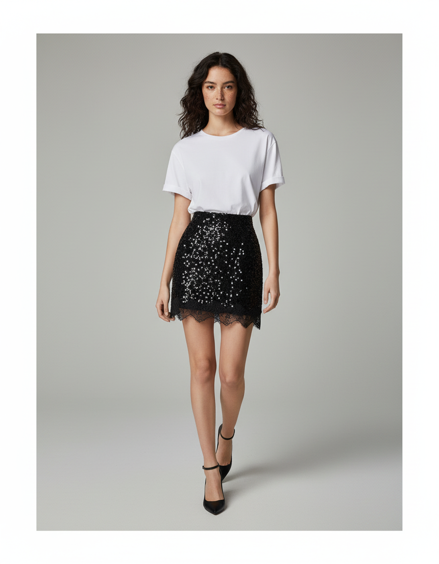 Jupe Paillette Noire Dentelle Chic