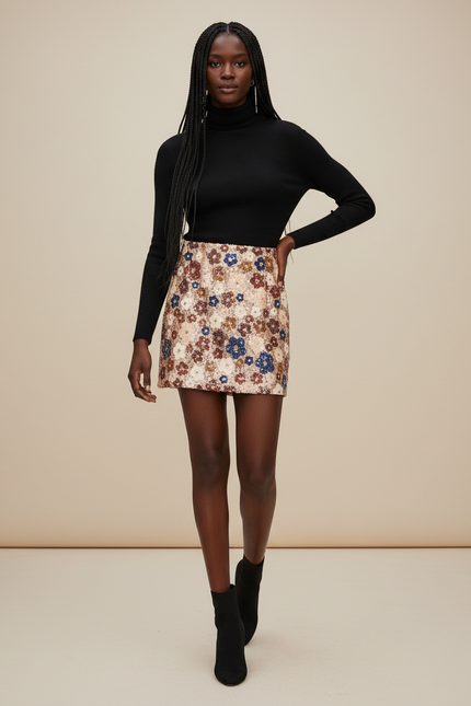 Jupe Paillette Motif Floral Mini Élégante