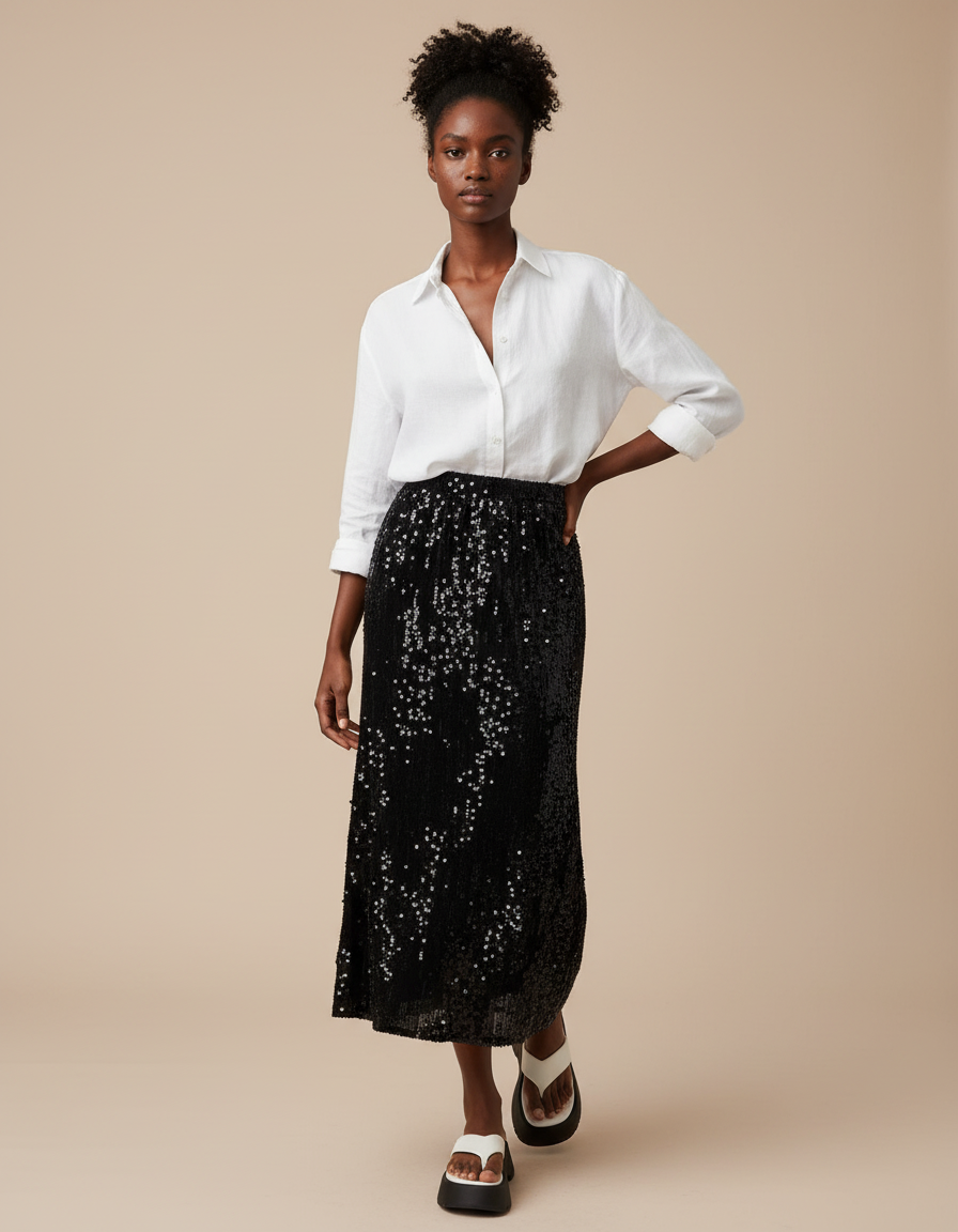 Jupe Paillette Noire Droite Chic