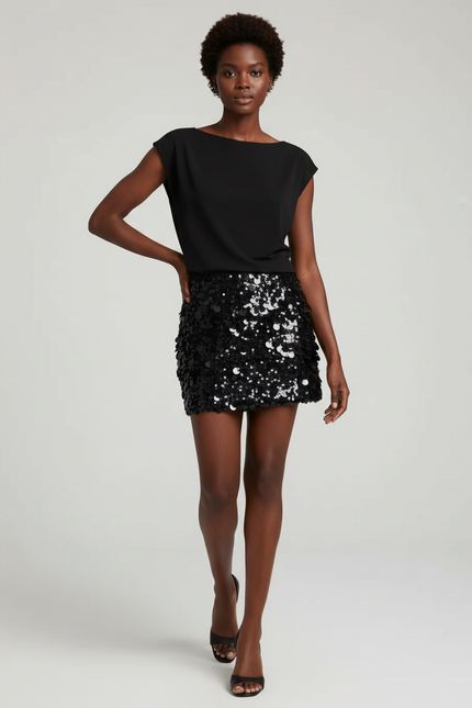 Jupe Paillette Noire Mini Brillante