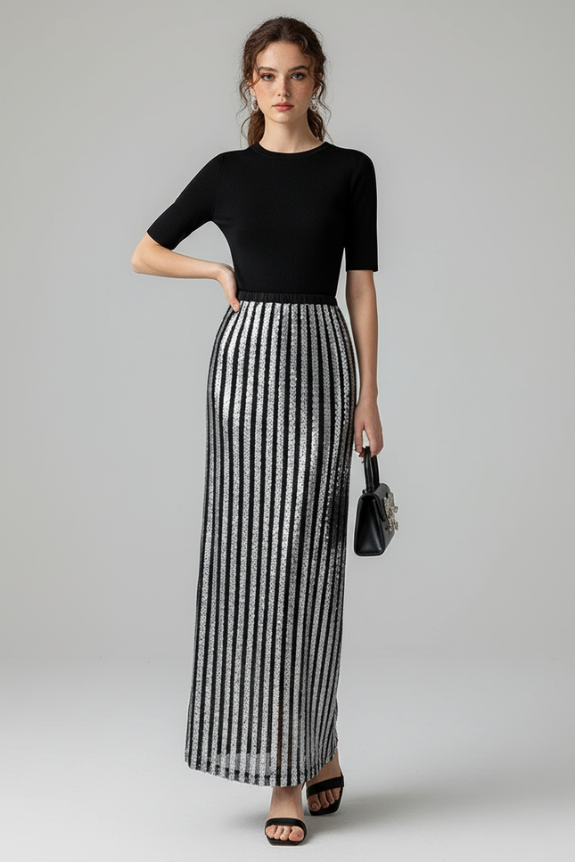 Jupe Paillette Longue Rayée Chic