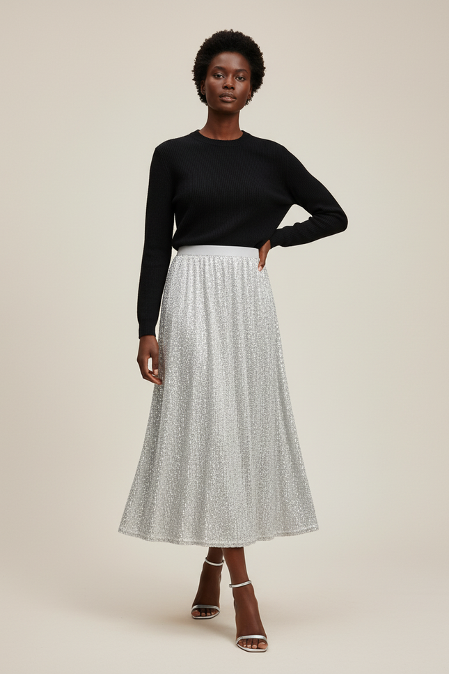 Jupe Paillette Argentée Longue Élégante