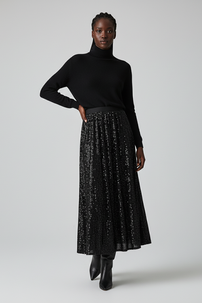 Jupe Paillette Noire Plissée Chic