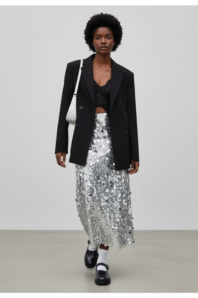 Jupe Paillette Argentée Midi Chic