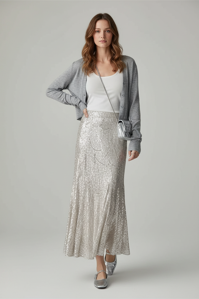 Jupe Paillette Argentée Fluide Élégante