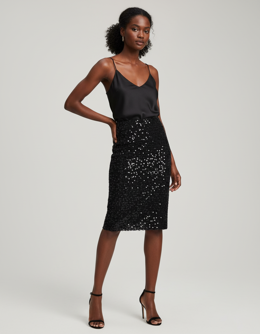 Jupe Paillette Noire Coupe Crayon Chic