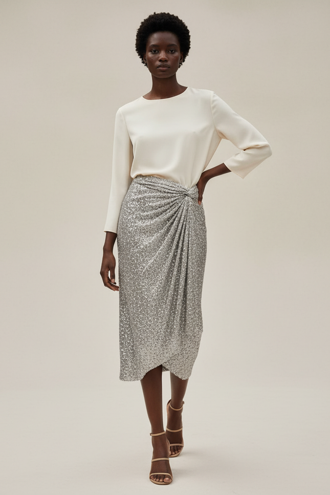 Jupe Paillette Argentée Drapée Élégante