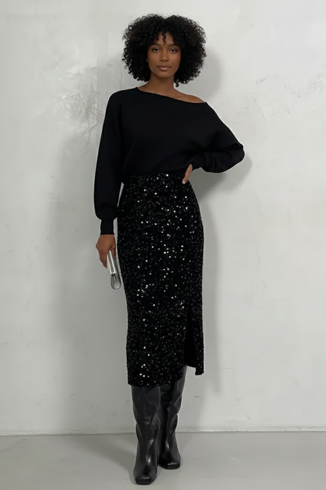 Jupe Paillette Noire Fendue Élégante