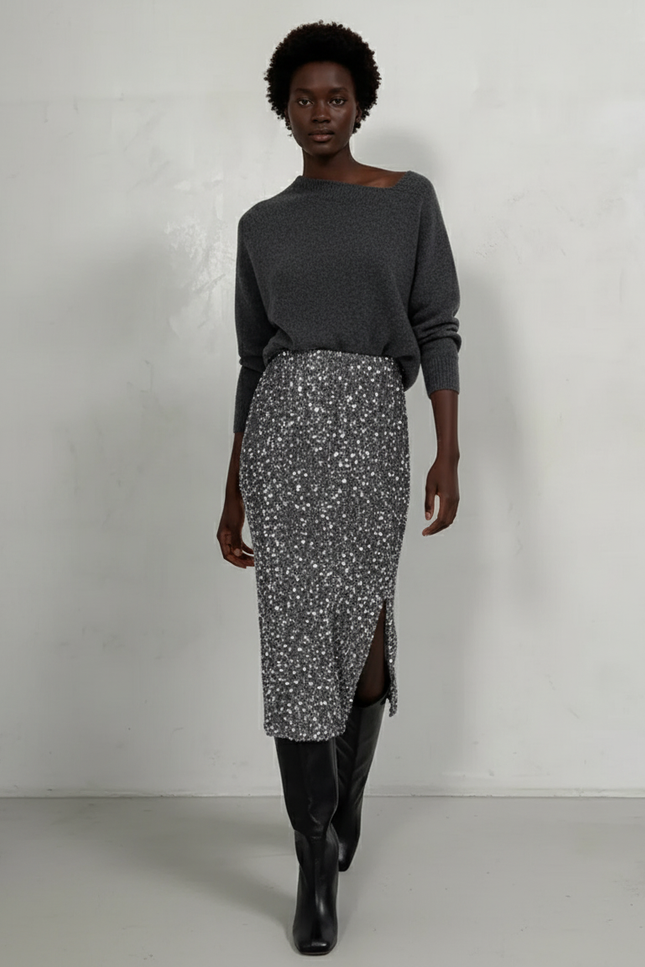 Jupe Paillette Argentée Fendue Élégante