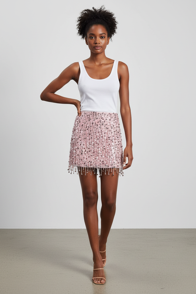 Jupe Paillette Rose Franges Chic