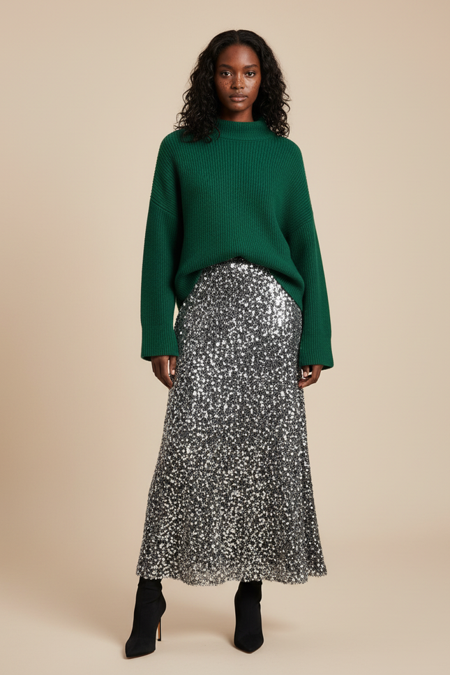 Jupe Paillette Brillante Midi Élégante