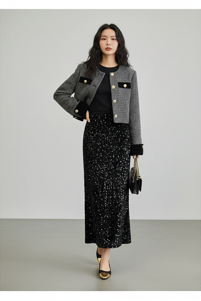 Jupe Paillette Noir Midi Chic