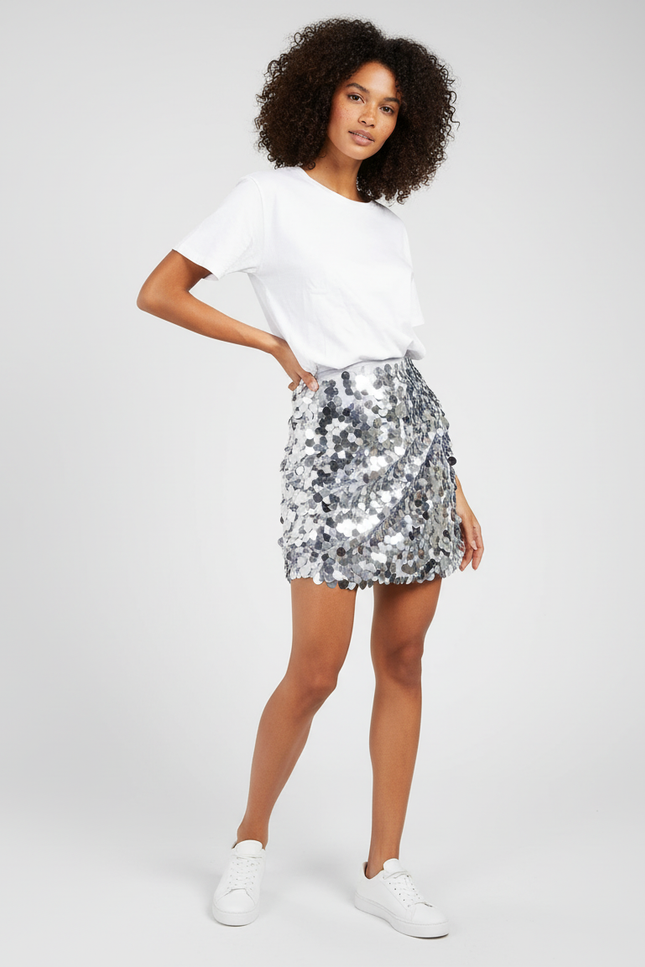 Jupe Paillette Argentée Moulante Sexy