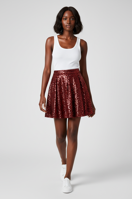Jupe Paillette Bordeaux Plissée Chic