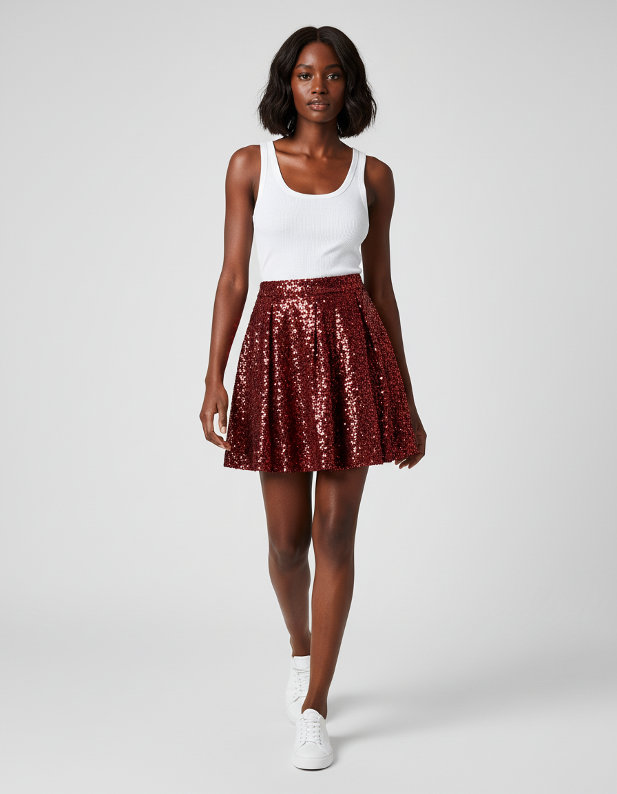 Jupe Paillette Bordeaux Plissée Chic