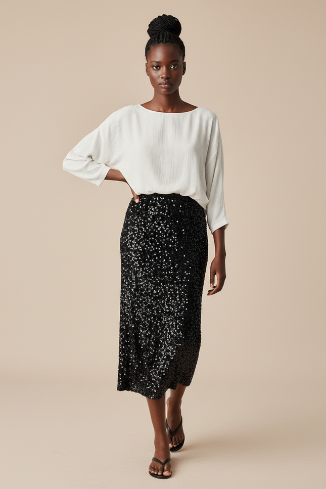 Jupe Paillette Noire Coupe Crayon Élégante