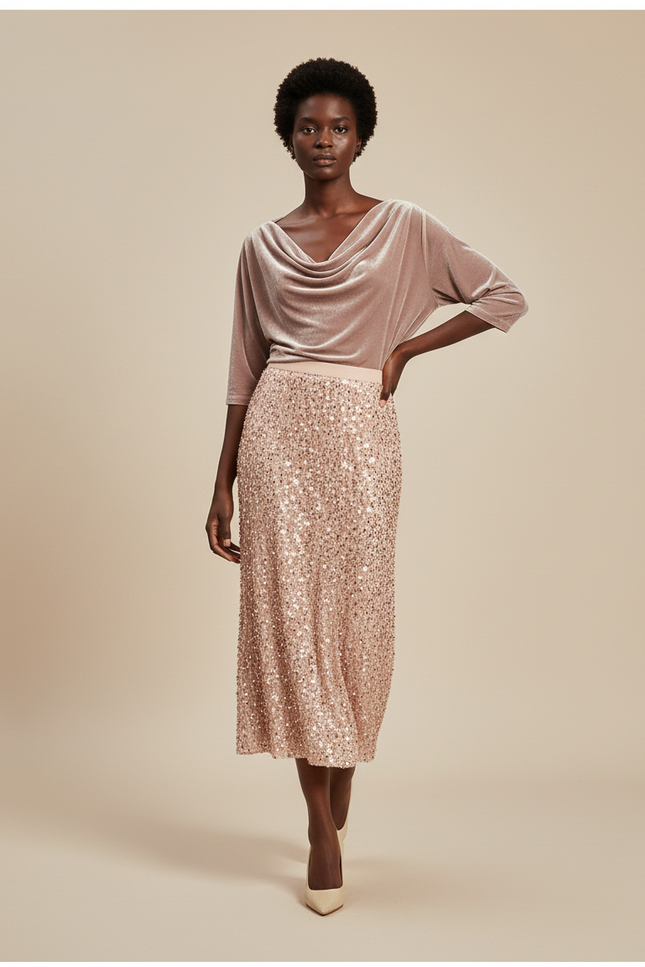 Jupe Paillette Rose Gold Midi Élégante