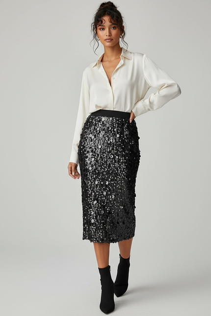Jupe Paillette Noire Midi Chic