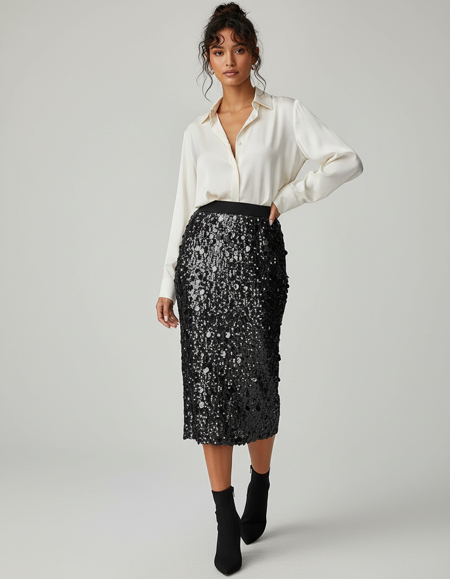 Jupe Paillette Noire Midi Chic