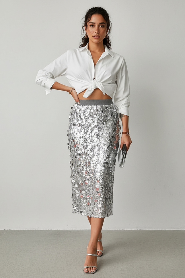 Jupe Paillette Argentée Midi Chic