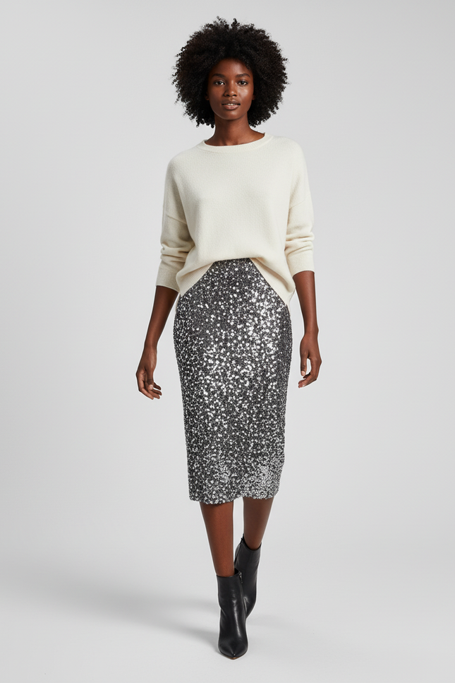 Jupe Paillette Argentée Droite Chic