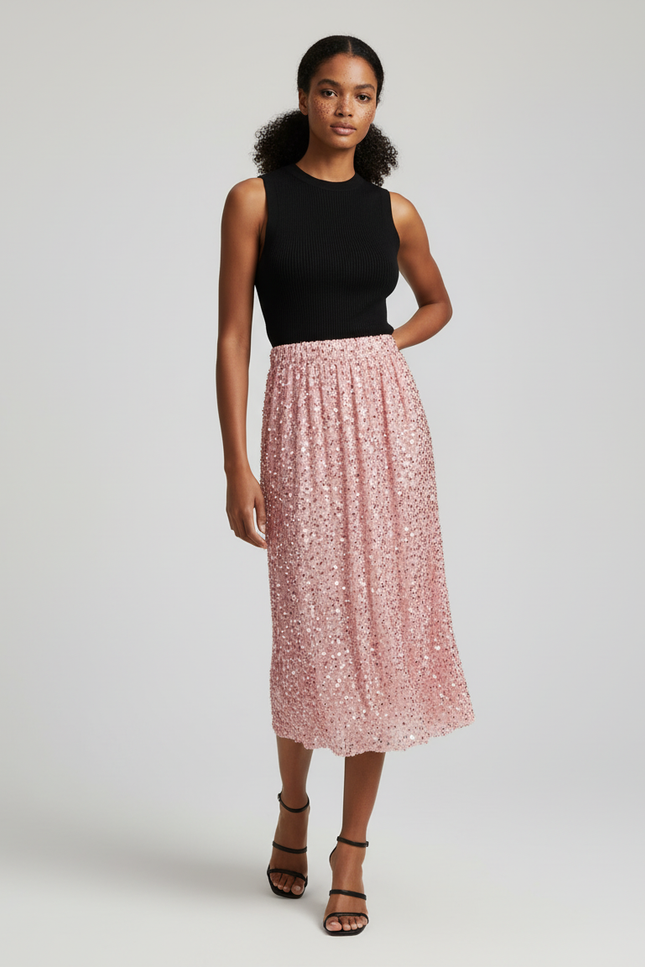 Jupe Paillette Rose Fluide Élégante