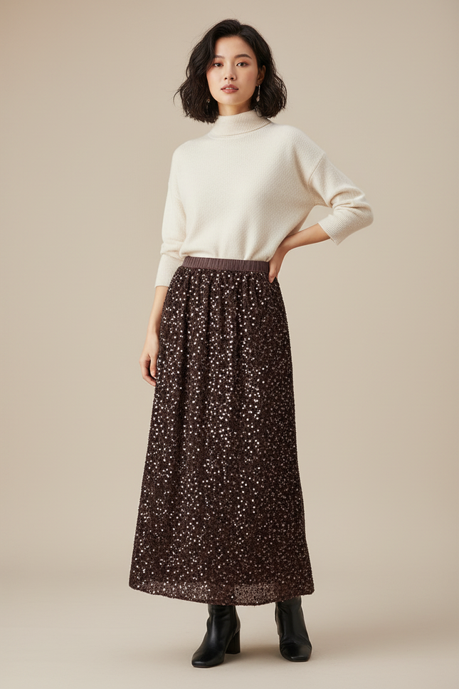 Jupe Paillette Marron Longue Élégante