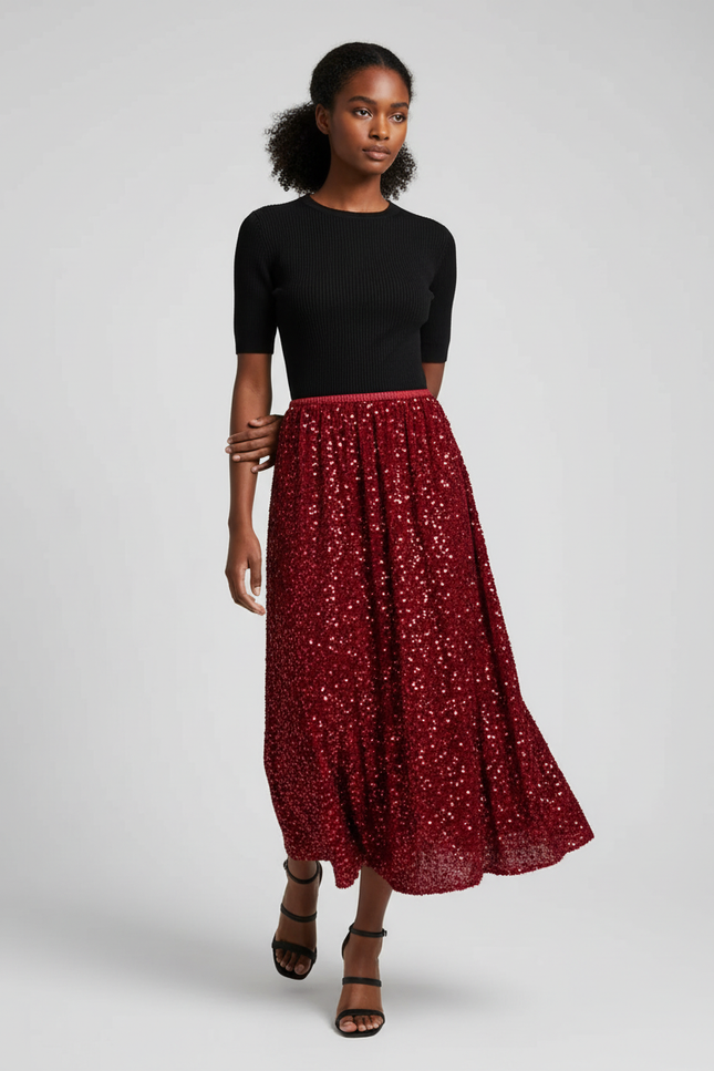 Jupe Paillette Rouge Midi Élégante