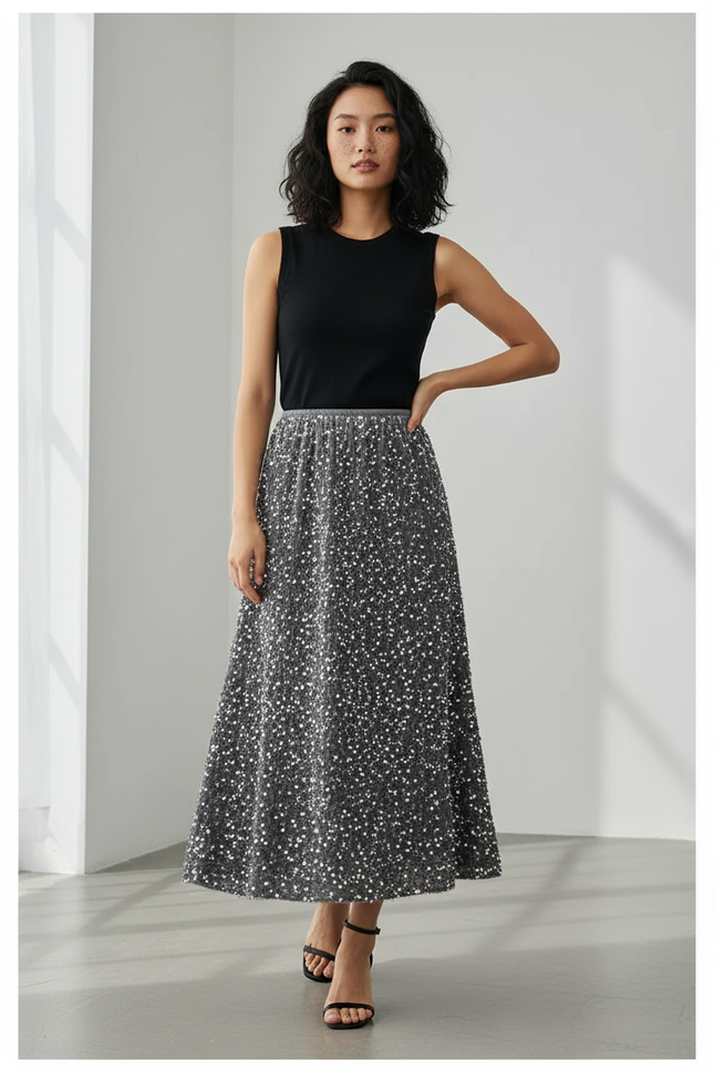 Jupe Paillette Grise Midi Élégante