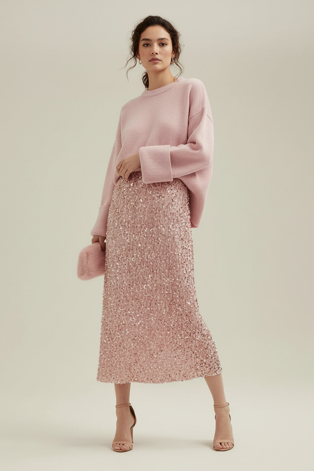 Jupe Paillette Rose Midi Chic