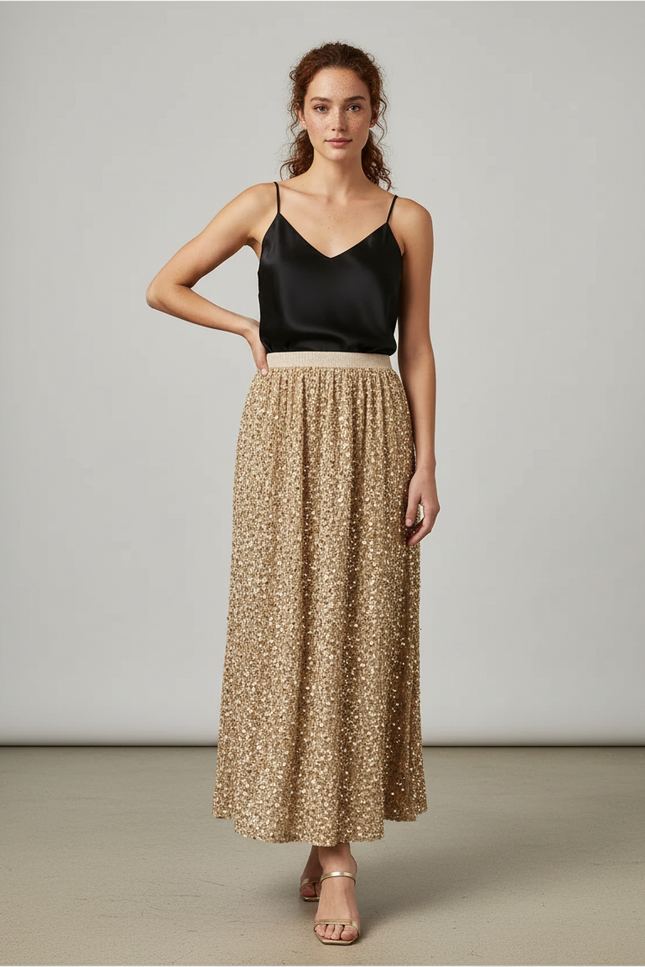Jupe Paillette Dorée Longue Chic