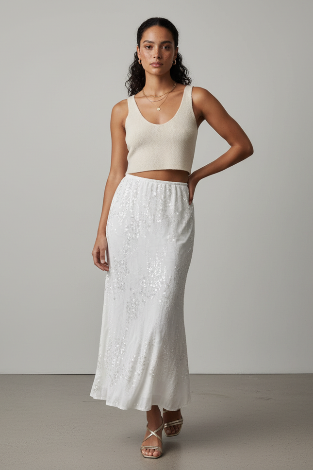 Jupe Paillette Blanche Longue Fluide