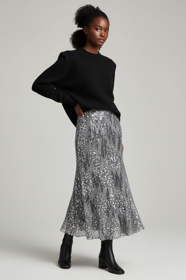 Jupe Paillette Argentée Évasée Élégante