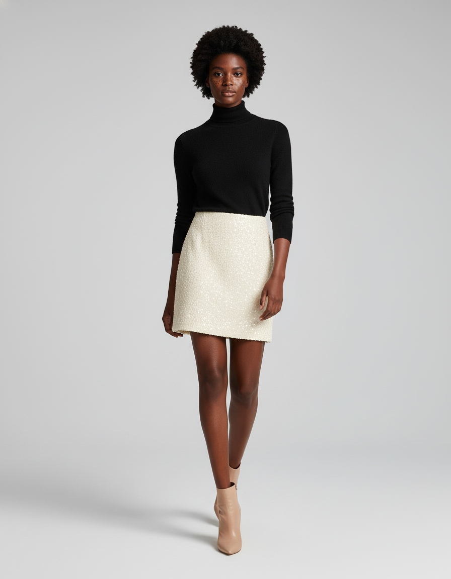 Jupe Paillette Blanc Cassé Tweed Chic